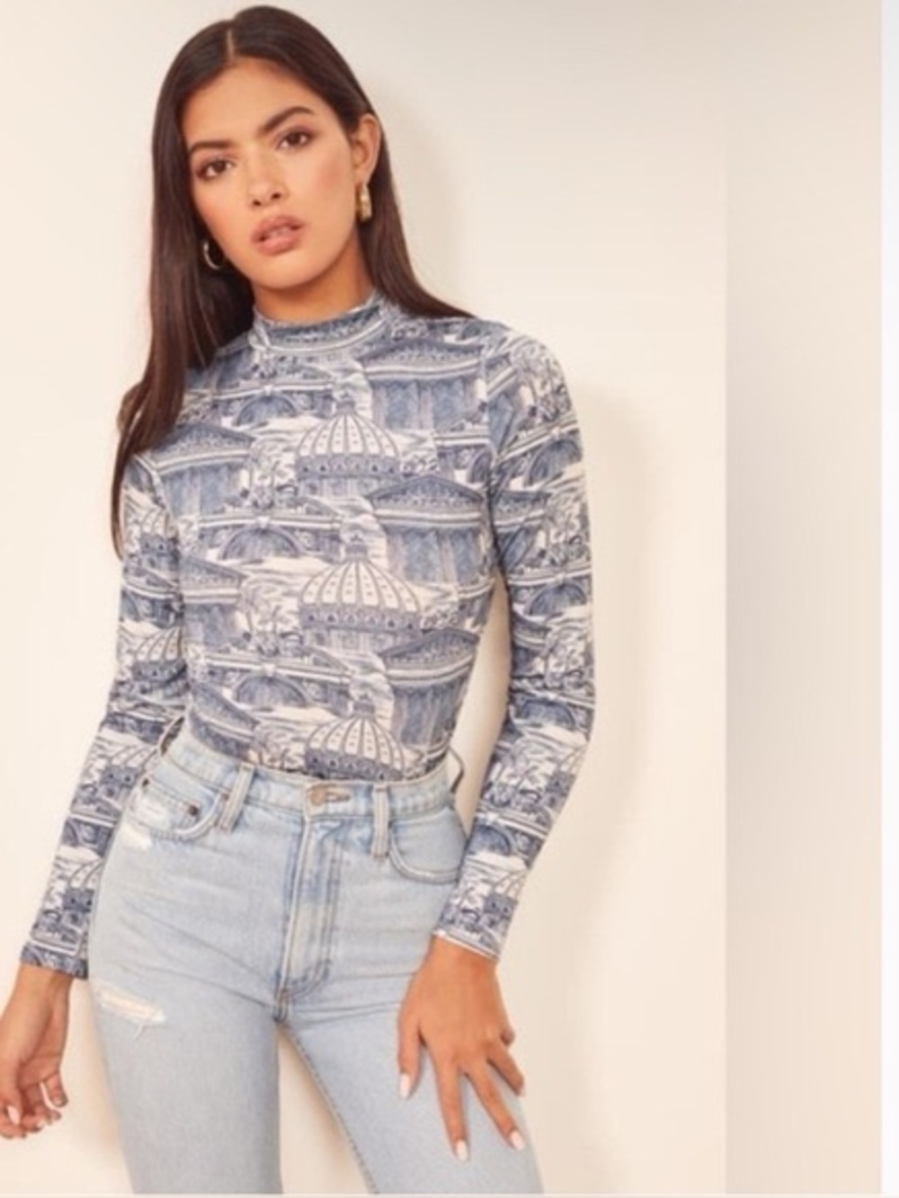 Reformation Bailey Mock Neck Romanesque Long Sleeve Graphic Top in Blue